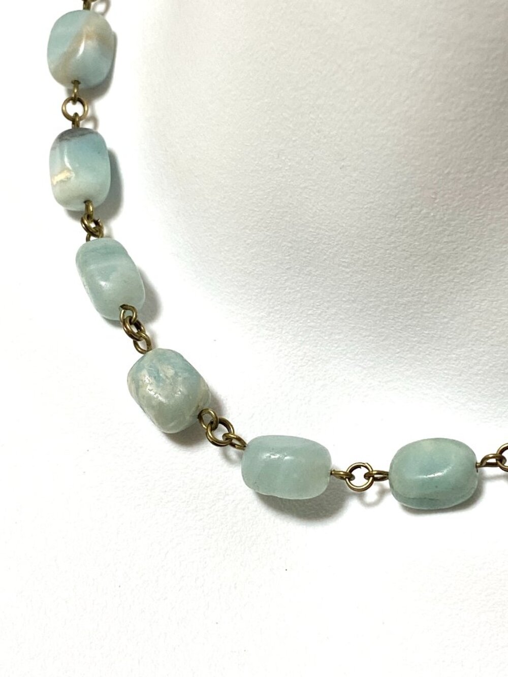 Light Teal Amazonite Short Necklace, Gemstone & Bronze Links Layering Necklace